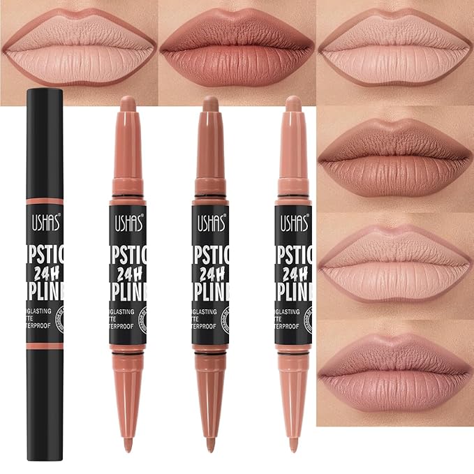 USHAS 3Pcs Lipstick and Lip Liner Combo Set 2 in 1 Makeup Kits Long Lasting and Waterproof Nude Matte Lipstick For Women (Set 1 (10+11+12), 3Pcs)