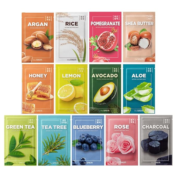 THESAEM Natural Facial Mask Sheet 21ml 13 Pack - Korean Skincare Moisturizing and Nourishing Facial Mask Sheet Variety Combo Pack