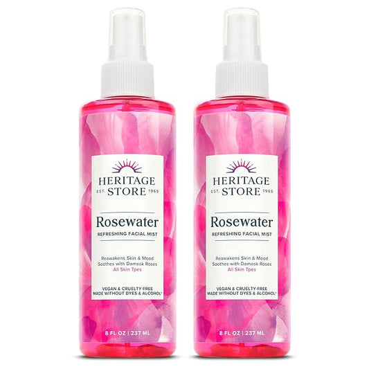 HERITAGE STORE Rosewater 2-Pack - Refreshing Face Mist w/Damask Rose, All Skin Types - Hydrating Rose Water Spray for Glowing Skin, No Dyes or Alcohol, Hypoallergenic, Vegan, 60-Day Guarantee, 8oz ea