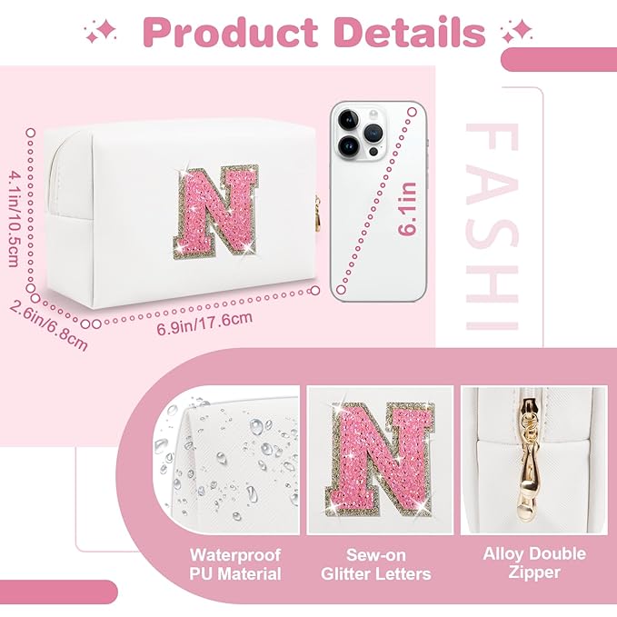 Small Initial Patch Makeup Bag Personalized Gifts Make Up Bag,White Cute PU Leather Glitter Letter Cosmetic Bag with Zipper,Trendy Portable Travel Toiletry Pouch,Preppy Stuff for Teen Girls Women N