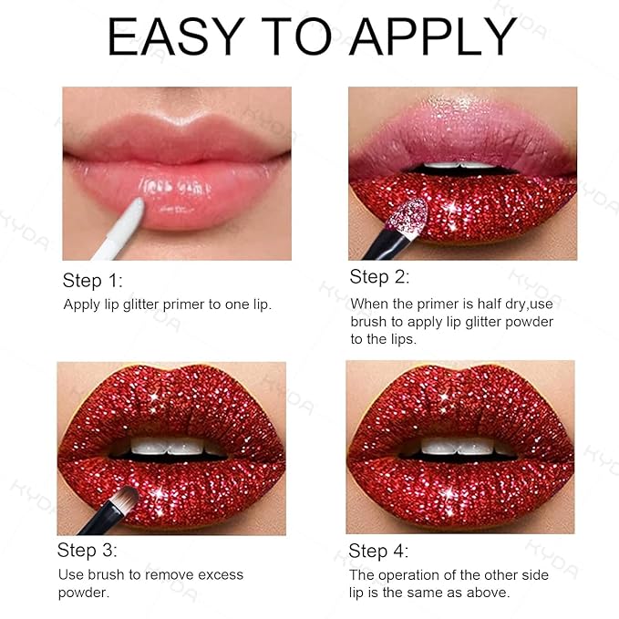 KYDA 3 Colors Glitter Lip Kit, Diamond Metllic High Pigmented Powder for Lips Cosmetics, Glitter Lips Makeup,with Lip Primer and Brush, Long Wear-Set A