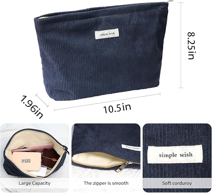 Wudygirl Cosmetic Bags for Women,Travel Makeup Bag,Aesthetic Women Handbags Purses,Large Capacity Corduroy Toiletry bag Zipper Pouch(Navy Blue)