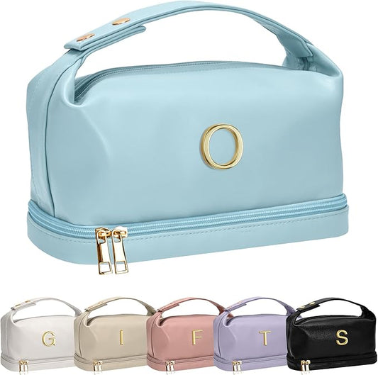 Gifts for Women - 30th 40th 50th 60th 70th Birthday Gifts, Personalized Makeup Bag with Handle, Initial Double Layer Cosmetic Bag with Makeup Brush Organizer, Gifts for Friends Female