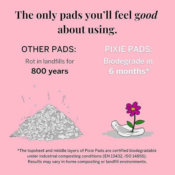 Pixie Organic Cotton Large Pads for Women - Extra Heavy Absorbency with Wings - Leak-Proof, Hypoallergenic & Unscented - Compostable, Biodegradable - 48 Count