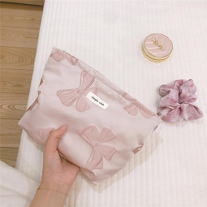 Wudygirl Makeup Bag for Women Large Capacity Cosmetic Bag with Zipper Cute Pink Bow Travel Pouch & Handbag Suitcase Makeup Organizer Aesthetic (Big Pink Bow)