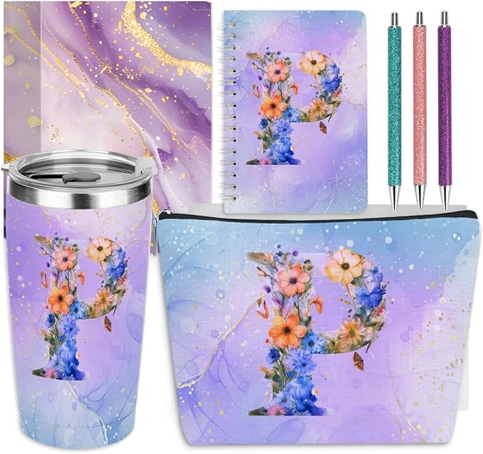 Personalized Gifts Monogrammed Birthday Gifts for Women, Mommy, Female Going Away Christmas, Initial 20 oz Tumbler, Makeup Cosmetic Bag Cup Pens Journal Notebook 6 Set, (Aesthetic Purple Flower P)