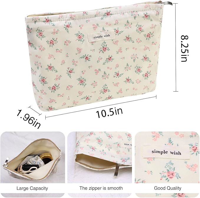 Wudygirl Flower Makeup Bag Cosmetic Bag for Women and Girls Large Capacity Makeup Pouch Aesthetic Cute Makeup Bag Canvas Toiletry Bag Pencil Pouch with Zipper (Beige and Small Floral)