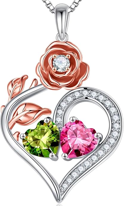 Iefil Rose Heart Birthstone Necklaces for Women - 925 Sterling Silver Double Birthstone Necklace, Anniversary Birthday Gifts for Women, Jewelry Gifts for Wife Her