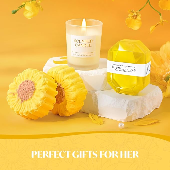 Briney 13Pcs Birthday Gifts for Women, Care Package for Women, Gift Basket, Unique Relaxing Sunflower Themed Present for Mom Wife Sister Best Friend, Yellow