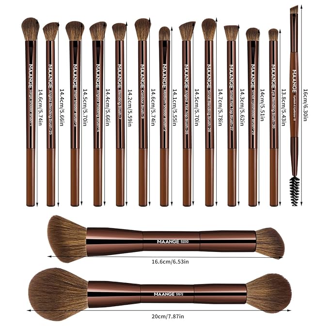MAANGE 15 PCS Makeup Brushes Double-ended Makeup Brush Set Double Sided Angled/Round Top Brush Foundation Contour Blending Eyebrow Eyeshadow Concealer (Brown)