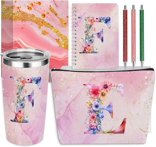 Personalized Gifts Monogrammed Birthday Gifts for Women, Aunt Grandma Retirement Christmas Initial 20 oz Tumbler, Makeup Bag Cup Ballpoint Pens Journal Notebook 6 Set, (Aesthetic Pink Flower F)