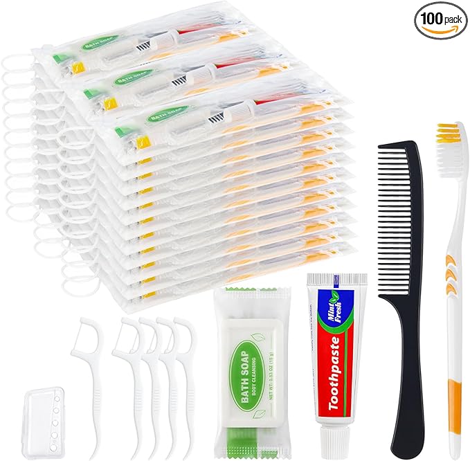 Personal Care Travel Toiletries Sets Bulk -Pack of 100,Disposable Toothbrushes with Toothpaste and Floss,Comb,Soap,Cover,Zip Bag 7-IN-1 Travel Size Toiletry Kit for Hotel,Guest,Homeless,Charity,Church