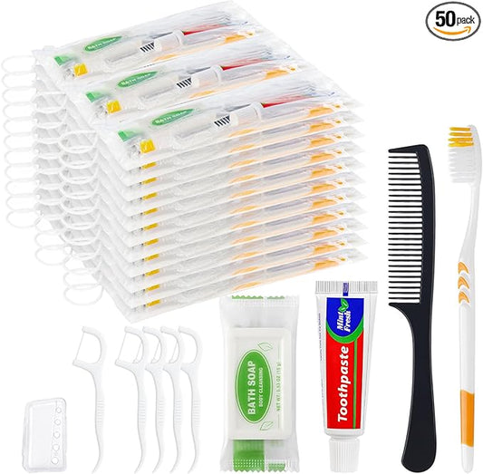 Personal Care Travel Toiletries Sets Bulk - Pack of 50,Disposable Toothbrushes with Toothpaste and Floss,Comb,Soap,Cover,Zip Bag 7-IN-1 Travel Size Toiletry Kit for Hotel,Guest,Homeless,Charity,Church
