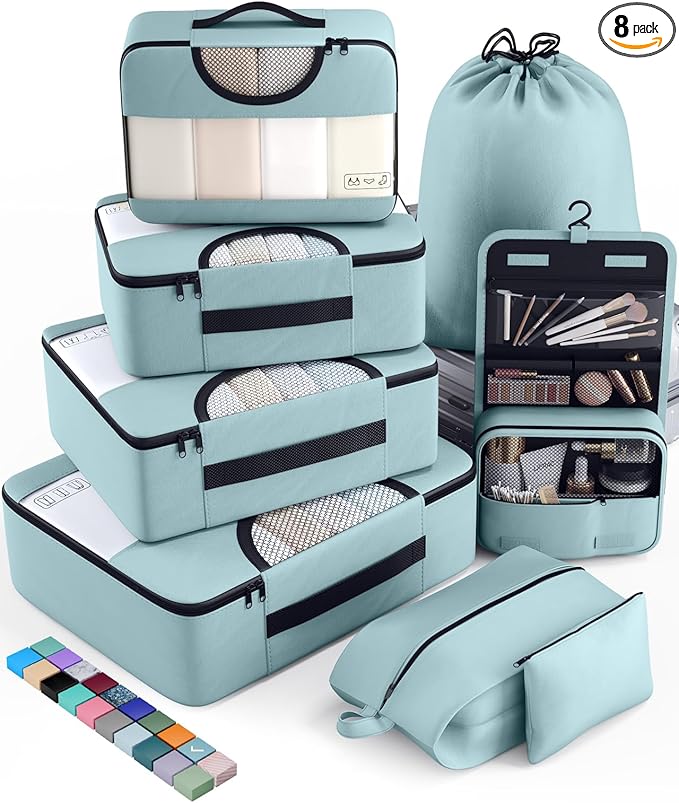 Veken 8 Set Packing Cubes for Travel Essentials, Suitcase Organizer Bags in 4 Sizes, Carry-On Luggage Accessories with Large Laundry & Hanging Toiletry Bag, Must-Have for Airplane, Road Trip & Camping
