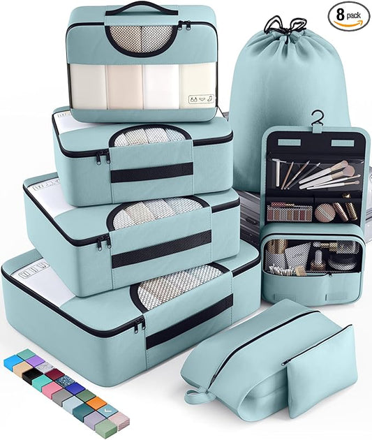 Veken 8 Set Packing Cubes for Travel Essentials, Suitcase Organizer Bags in 4 Sizes, Carry-On Luggage Accessories with Large Laundry & Hanging Toiletry Bag, Must-Have for Airplane, Road Trip & Camping