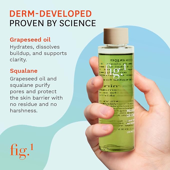 Fig.1 Hydrating Oil Cleanser for Face Refill | Micellar Makeup Remover with Grapeseed & Squalane, Deep Cleansing Oil-Based Formula, Non-Stripping & Refillable, 3.4 Fl/oz
