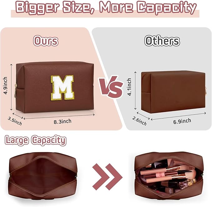 TOPEAST Initial Cosmetic Bag, PU Leather Waterproof Travel Toiletry Bag, Monogrammed Gifts for Women, Personalized Birthday Gift for Sister Friends, Cute Stuff for Girls (Brown K)
