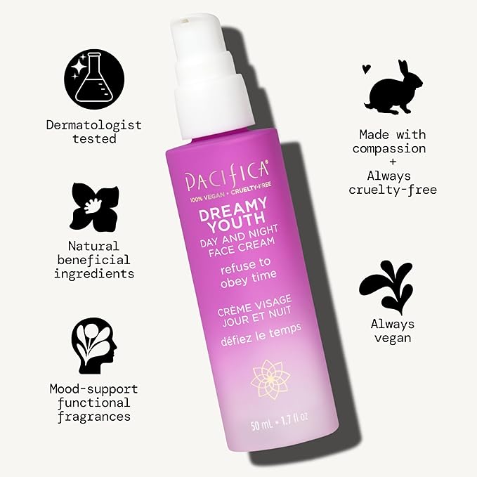 Pacifica Face Moisturizer Lotion - Dreamy Youth Day & Night Face Cream, Daily Skincare, Grapeseed Oil, Peptides, Hydrating, Facial Lotion, Skincare, For Dry Skin, Vegan, 1.7 fl oz (1 Count)