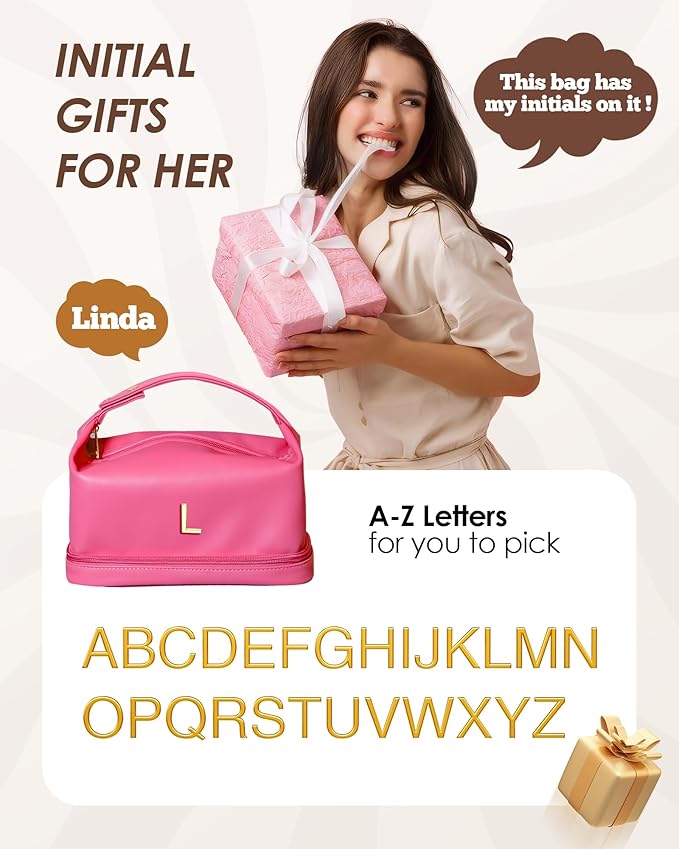 Personalized Gifts for Female, Makeup Bag with Handle, Initial Double Layer Cosmetic Bag with Makeup Brush Organizer, Cute Cosmetic Pouch for Women, Gifts for Friends Female Granddaughter