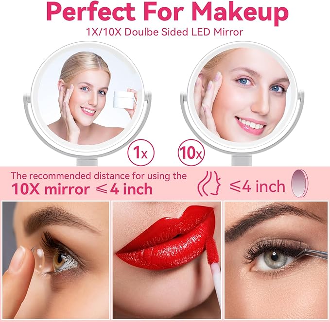 Makeup Mirror with Lights, 10X Magnifying Mirror with Light - 80 LED Vanity Mirror, 3 Color Modes & Stepless Dimming, Lighted Makeup Mirror with Magnification, Shatterproof & Stable Base