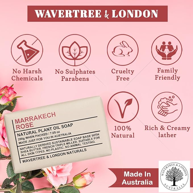 Wavertree & London Marakech Rose Scented Natural Soap Bars (2 Bars), 7oz Moisturizing French Triple Milled Soap enriched with shea butter - Plant Oil Bath & Body Soap Bars [100% Naturally derived]