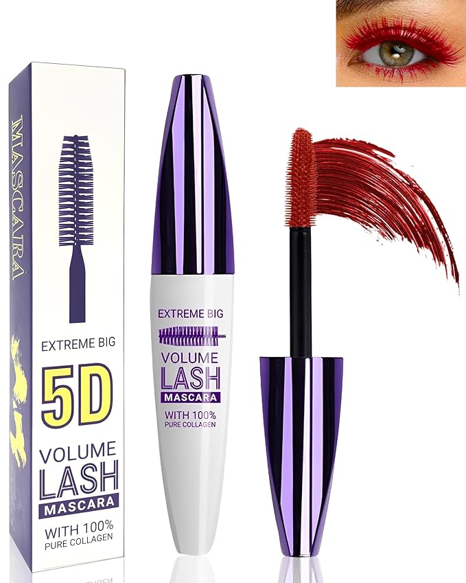 5D Red Mascara for Eyelashes-1Pcs Longlasting Waterproof Smudge-Proof Colored Mascara Volume and Length, Volumizing Curling Defining Eye Lashes rimel de pestañas, Cosplay Party Eye Makeup for Women