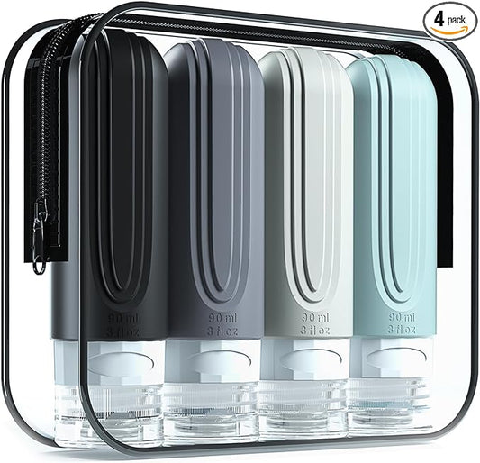 Travel Bottles for Toiletries, Tsa Approved 3oz Travel Size Containers BPA Free Leak Proof Refillable Liquid Silicone Squeezable Travel Accessories for Shampoo Conditioner Lotion (4 Pack)