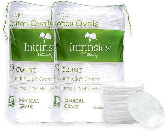 Intrinsics Premium Cotton Ovals (100 Count) – Dual-Sided 3” Medium-High Absorbency Large Cotton Pads, Lint-Free Hypoallergenic Cotton for Makeup Removal, Cleansing, and Exfoliation