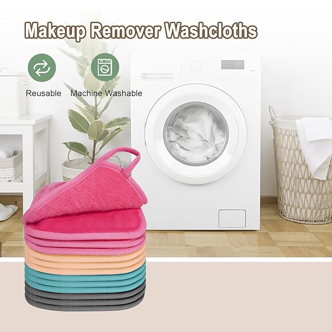 KODAMO Makeup Remover Cloth, 12 Pack Reusable Makeup Remover Towels with Washable Travel Bag, Microfiber Face Wash Cloths for Women All Skin Types, Coral/Pink/Green/Grey