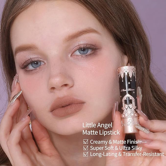 Flower Knows Little Angel Matte Lipstick,Super Soft & Ultra Silky Lip Mud Stick,Long Lasting & Moisturizing Vegan Lip Makeup for Girls&Women,Velvety Brown Finish(C07 Golden Wheat)