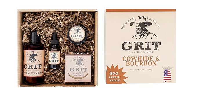 GRIT Boxed Gift Set Bundle Cowhide & Bourbon - Includes 1 Soap, 1 Lotion, 1 Beard Oil, and 1 Beard Balm | All Natural | Dye-Free Lotion | Enriched with Nourishing Goat Milk |