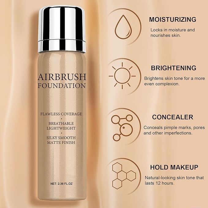 Airbrush Foundation Makeup Spray, Long Lasting Waterproof Full Coverage Foundation for Brighten, Concealer and Hydrating, Natural Matte Finish, Brush and Makeup Sponge Include, 2.36oz (#2 Beige)