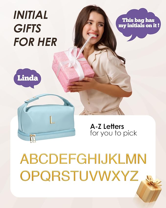 Trendy Gifts for Women, Personalized Makeup Bag with Handle, Initial Double Layer Cosmetic Bag with Makeup Brush Organizer, Customized Gifts for Woman, Gifts for 20 Year Old Female
