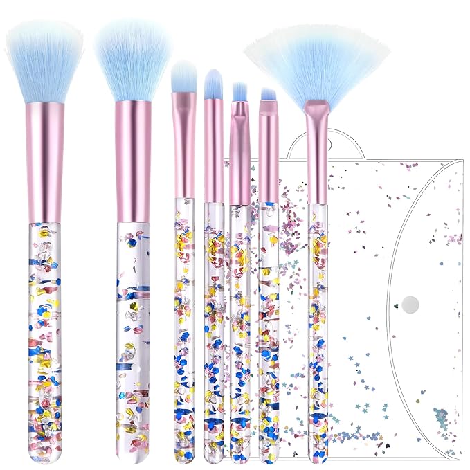 7 Pcs Makeup Brushes for Women, Cute Pink Makeup Brushes Crystal Sparkles Fan Blush Foundation Powder Lip Highlight Eye Shadow Eyebrow Brush Set With Sequins Handle Professional for Girl(Blue)