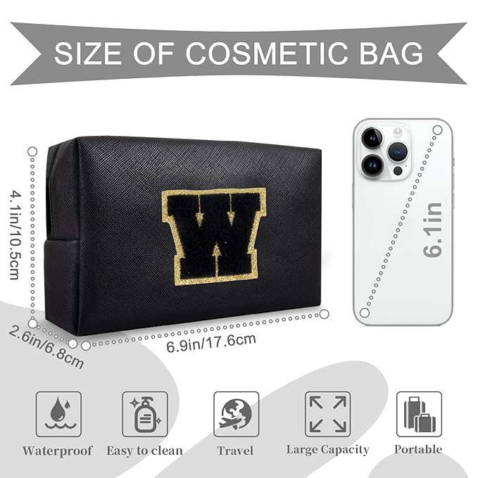 Personalized Initial A-Z Preppy Patch Makeup Bag,Small PU Chenille Letter Cosmetic Bag with Zipper for Teen Girls,Black Cute Toiletry Organizer Bag,Monogram Makeup Case Gift for Women Girls,Letter W