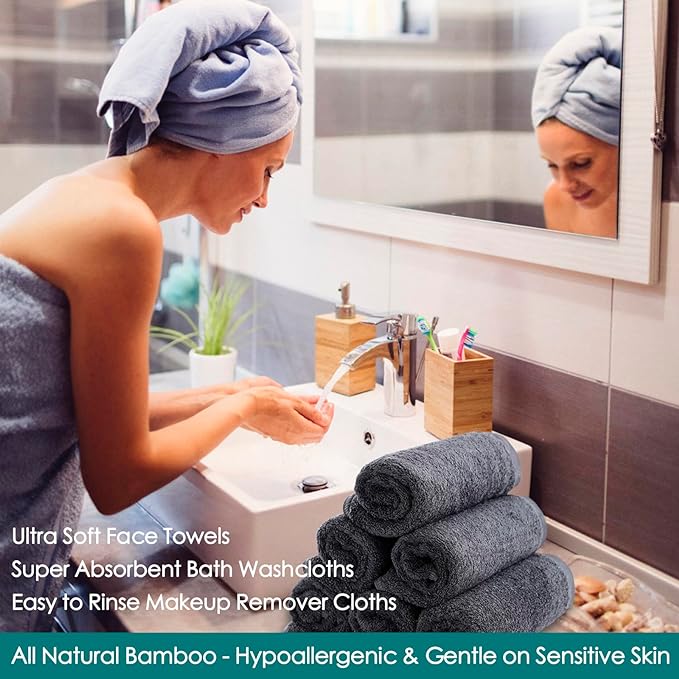 Wash Cloths 6 Pack, Super Soft and Skin Friendly Face Towel for Sensitive Skin, Reusable Washable Makeup Remover Cloth, 10x10 inch Small Face Washcloth, Easy to Rinse Dark Grey Facial Cleaning Cloths