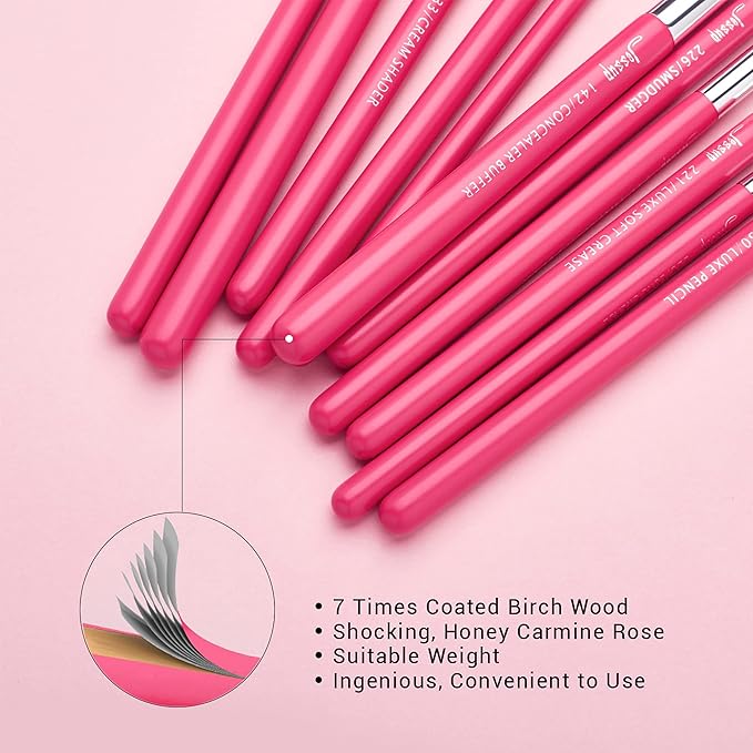 Jessup Professional Natural-Synthetic Eye Makeup Brushes Set 15pcs for Eyeshadow Blending Concealer Eyeliner Eyebrow, Rose Carmine/Silver T197