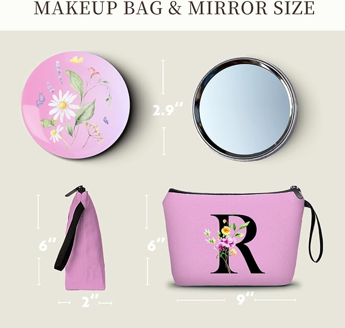 Women Birthday Maid of Honor Monogrammed Gifts for Bride Bridesmaid Sister Friend Her Teacher Makeup Cosmetic Bag with Mirror Mothers Day Christmas Graduation R