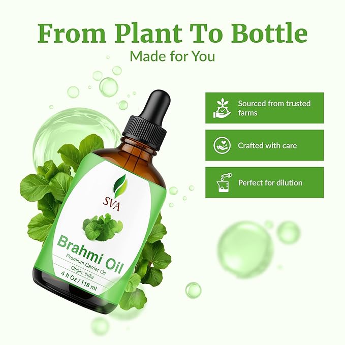 SVA Brahmi Oil - 4 Fl Oz – 100% Natural Cold Pressed Brahmi Oil - for Face, Skin Care, Hair Care, Scalp Massage & Body Massage – Carrier Oil with Dropper