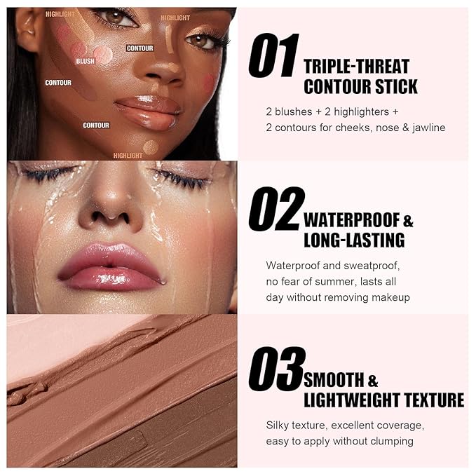 6 Colors Cream Contour Sticks Set, Shades with Highlighter, Bronzer and Blush, Double Ended Contour Sticks for Cheeks,Long Lasting, Waterproof and Matte Finish Makeup Kit (SET A)