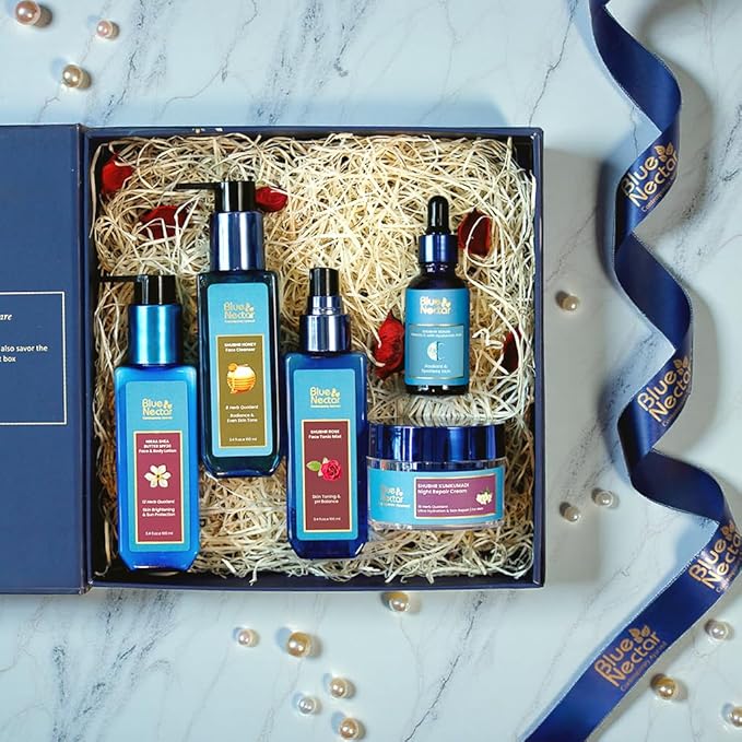 Blue Nectar Indulgent Nature Beauty Gift Set for Women & Men | Face Cream, Serum, SPF Lotion, Face Wash & Rose Face Mist | Gift Box for Birthday, Anniversary & Special Occasions