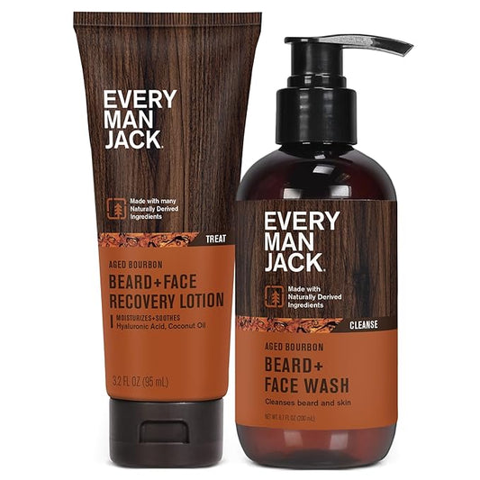 Every Man Jack Men's Beard + Face Wash & Lotion Set - Subtle Aged Bourbon Scent - Naturally Cleanse and Condition Your Beard & Skin