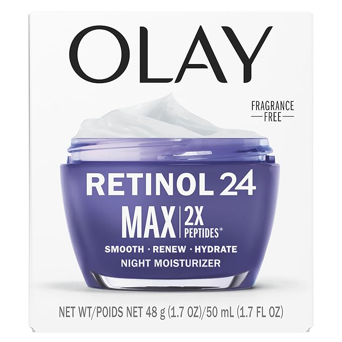Olay Retinol Face Moisturizer, 24 MAX Anti-Aging Night Cream for Women, Fragrance-Free, Non Greasy - Anti-Wrinkle, Smooth Fine Lines, Tightening, Hydrating Skin Care - Peptides, Glycerin, 1.7 Oz