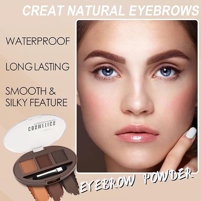 Boobeen 3 Color Eyebrow Powder Palette, Waterproof Eyebrow Makeup, Brow Definer to Shape Perfect Brow，Professional Brow Filler Powder with Brush
