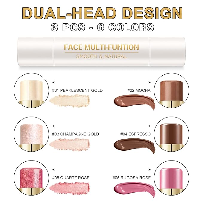 6 Colors Cream Contour Stick Makeup Contour Kit,Double-ended Cream Bronzer Stick for Sculpt, Highlighter Stick,Cream Blush Stick,Lightweight Contour Makeup Kit, Matte & Dewy Finish (SET B)