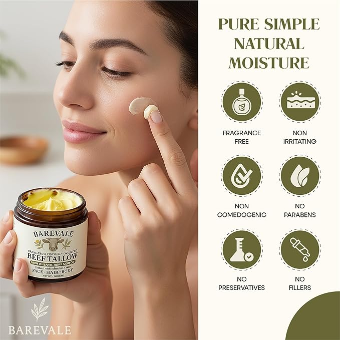 Grass-Fed Whipped Beef Tallow Balm with 100% Cold-Pressed Organic Hemp Seed Oil, Organic Calendula & Organic Rose, Pure Moisturizer for Sensitive Skin, Face, Hair & Body, 4-oz | Non-Toxic