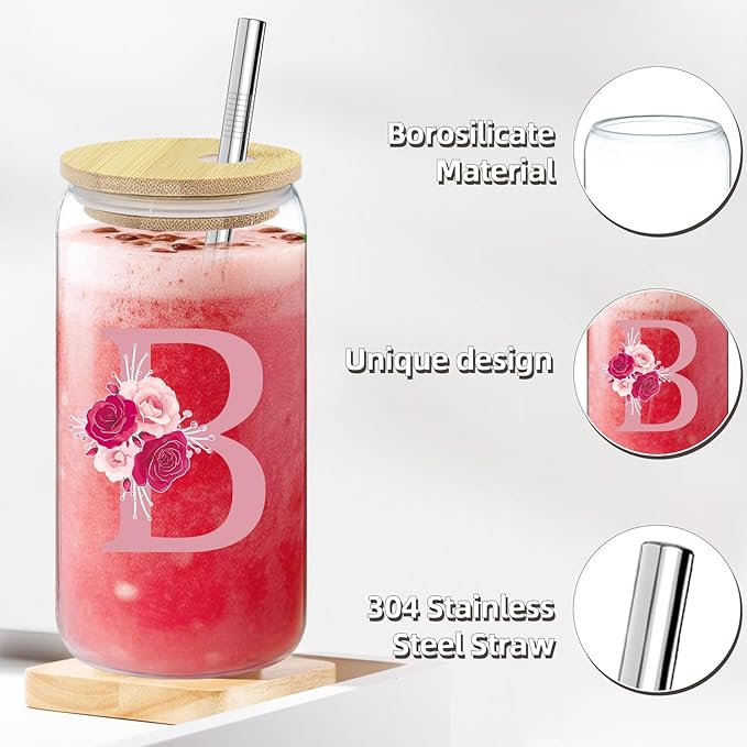 Initial Canvas Tote Bag,Birthday Gifts for Women,Monogrammed Gifts for Women,Initial Glass Cup,Personalized Gifts for Women,Initial Makeup Bag,Unique Gifts for Mom Sister Bestie-B