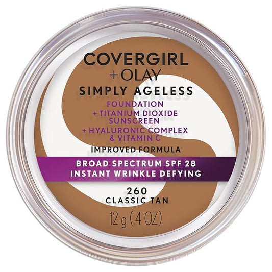 COVERGIRL Simply Ageless Instant Wrinkle Defying Foundation, SPF 28, Hyaluronic Complex & Vitamin C - 260 Classic Tan, Pack of 1