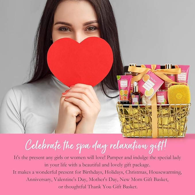 Bath & Body Gift Set, Luxury Home Spa Bath Gift Basket Citrus & Pink Grapefruit Spa Kit Gift Woman, 11 Pcs Self Care Kit Gifts With Bubble Bath, Massage Oil, Bath Brush, Birthday Gifts for Women
