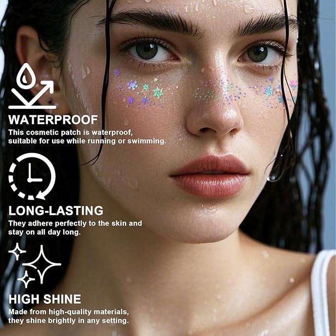 8Pcs Face Makeup Patches, Glitter Freckles Face Tattoo for Teenagers & Young Women, Sparkle Freckles Makeup Patches, Waterproof Face Glitter Freckles for Christmas (8PcsD Holographic Multicolor)